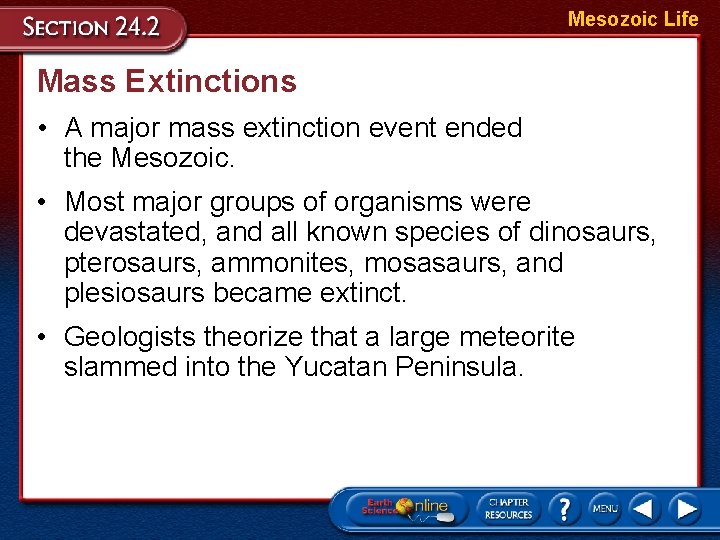 Mesozoic Life Mass Extinctions • A major mass extinction event ended the Mesozoic. •