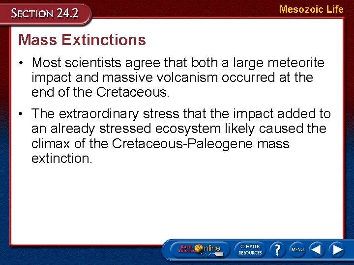 Mesozoic Life Mass Extinctions • Most scientists agree that both a large meteorite impact