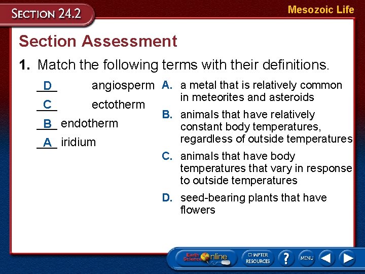 Mesozoic Life Section Assessment 1. Match the following terms with their definitions. ___ D