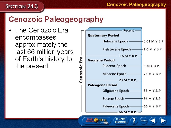 Cenozoic Paleogeography • The Cenozoic Era encompasses approximately the last 66 million years of