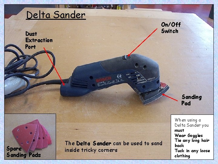 Delta Sander Dust Extraction Port On/Off Switch Sanding Pad Spare Sanding Pads The Delta