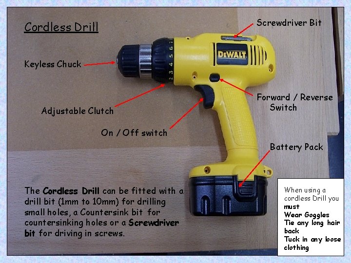 Screwdriver Bit Cordless Drill Keyless Chuck Adjustable Clutch Forward / Reverse Switch On /