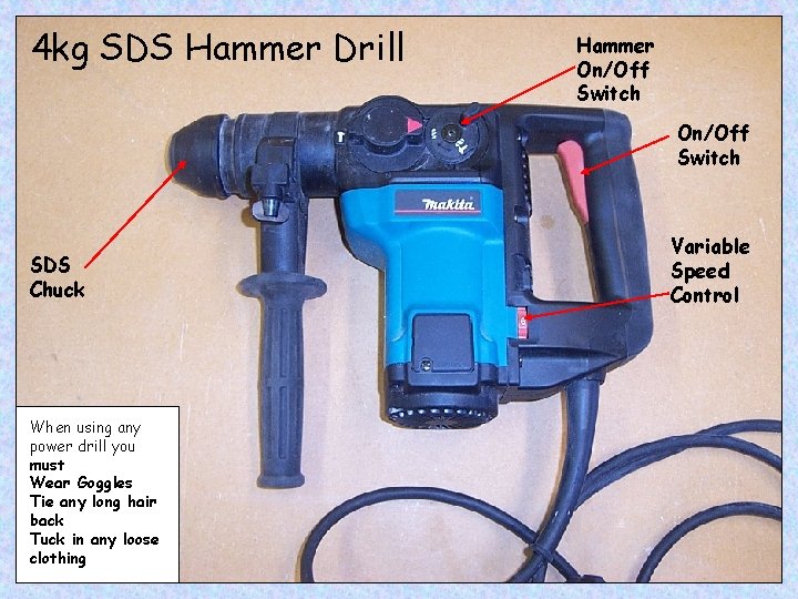 4 kg SDS Hammer Drill Hammer On/Off Switch SDS Chuck When using any power