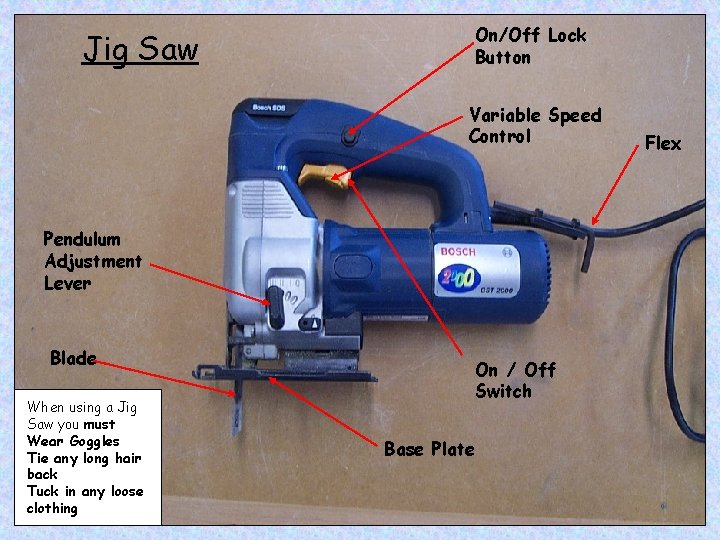 Jig Saw On/Off Lock Button Variable Speed Control Pendulum Adjustment Lever Blade When using