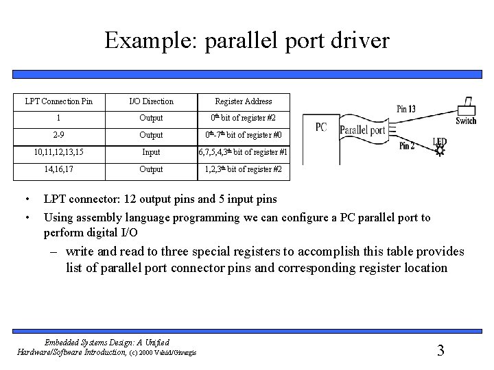 Example: parallel port driver LPT Connection Pin I/O Direction Register Address 1 Output 0