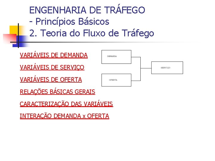 ENGENHARIA DE TRÁFEGO - Princípios Básicos 2. Teoria do Fluxo de Tráfego VARIÁVEIS DE