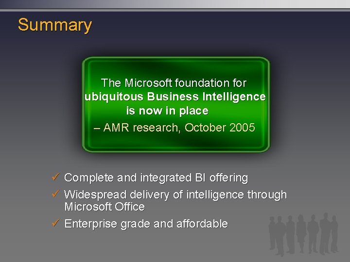 Summary The Microsoft foundation for ubiquitous Business Intelligence is now in place – AMR