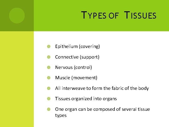 T YPES OF T ISSUES Epithelium (covering) Connective (support) Nervous (control) Muscle (movement) All