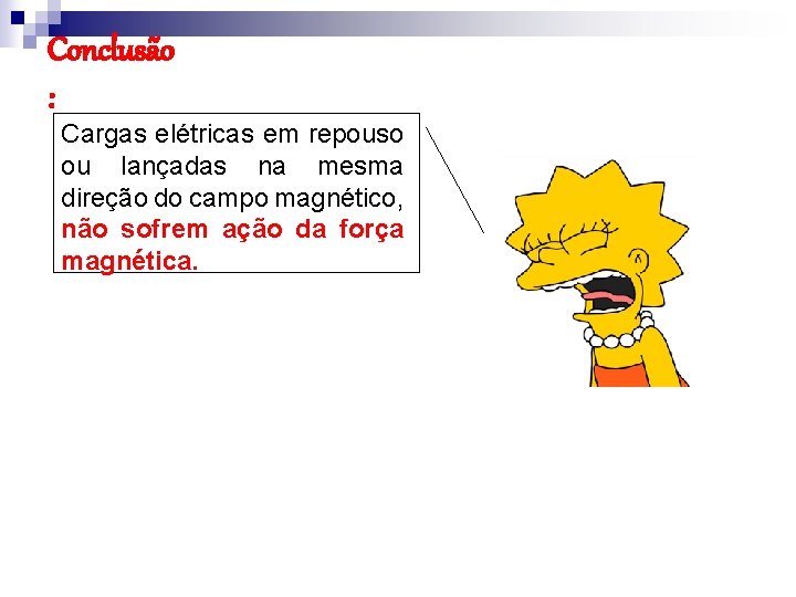 Conclusão : Cargas elétricas em repouso ou lançadas na mesma direção do campo magnético,