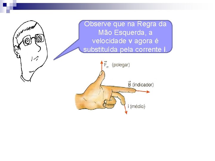 Observe que na Regra da Mão Esquerda, a velocidade v agora é substituída pela