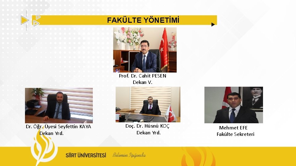 FAKÜLTE YÖNETİMİ Prof. Dr. Cahit PESEN Dekan V. Dr. Öğr. Üyesi Seyfettin KAYA Dekan