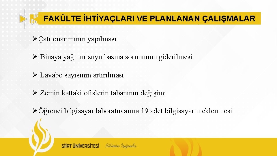 FAKÜLTE İHTİYAÇLARI VE PLANLANAN ÇALIŞMALAR Ø Çatı onarımının yapılması Ø Binaya yağmur suyu basma