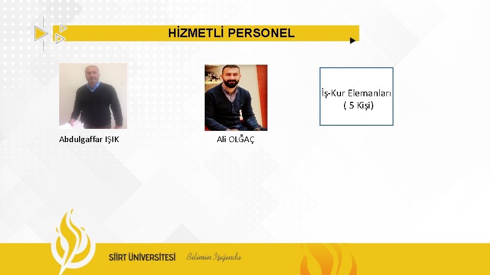 HİZMETLİ PERSONEL İş-Kur Elemanları ( 5 Kişi) Abdulgaffar IŞIK Ali OLĞAÇ 