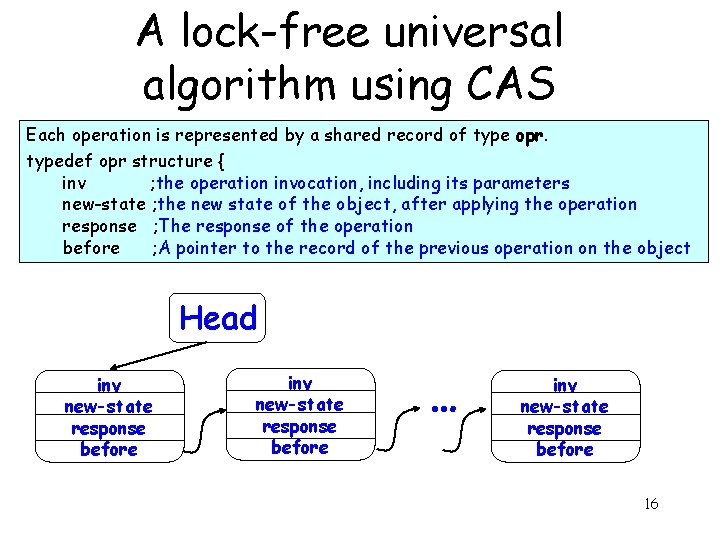A lock-free universal algorithm using CAS Each operation is represented by a shared record