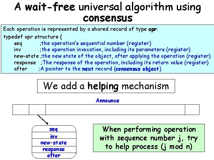 A wait-free universal algorithm using consensus Each operation is represented by a shared record