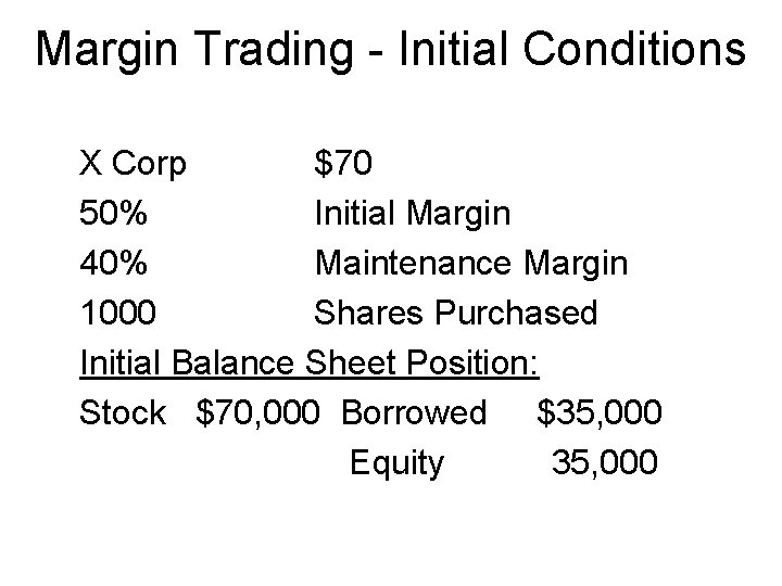 Margin Trading - Initial Conditions X Corp $70 50% Initial Margin 40% Maintenance Margin