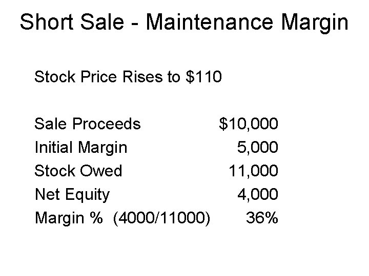 Short Sale - Maintenance Margin Stock Price Rises to $110 Sale Proceeds $10, 000