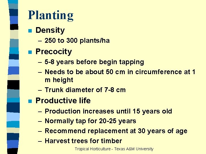 Planting n Density – 250 to 300 plants/ha n Precocity – 5 -8 years