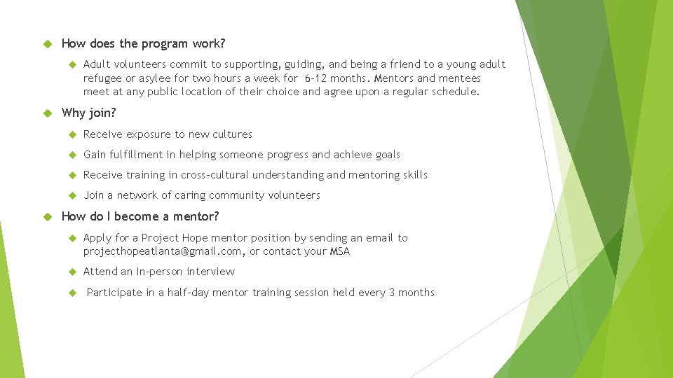  How does the program work? Adult volunteers commit to supporting, guiding, and being