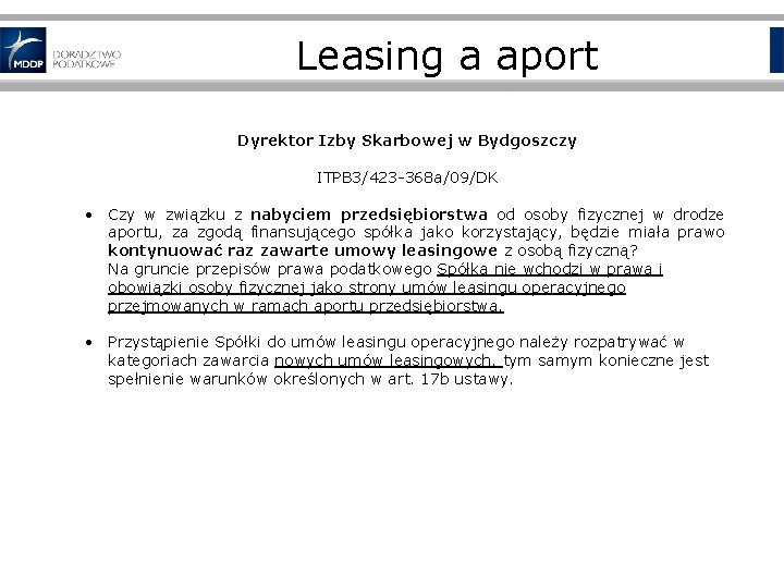 Leasing a aport Dyrektor Izby Skarbowej w Bydgoszczy ITPB 3/423 -368 a/09/DK • Czy