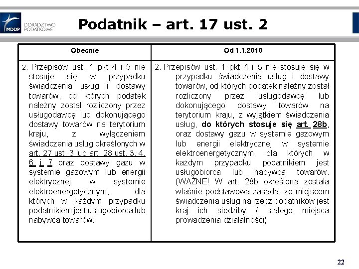 Podatnik – art. 17 ust. 2 Obecnie Od 1. 1. 2010 2. Przepisów ust.