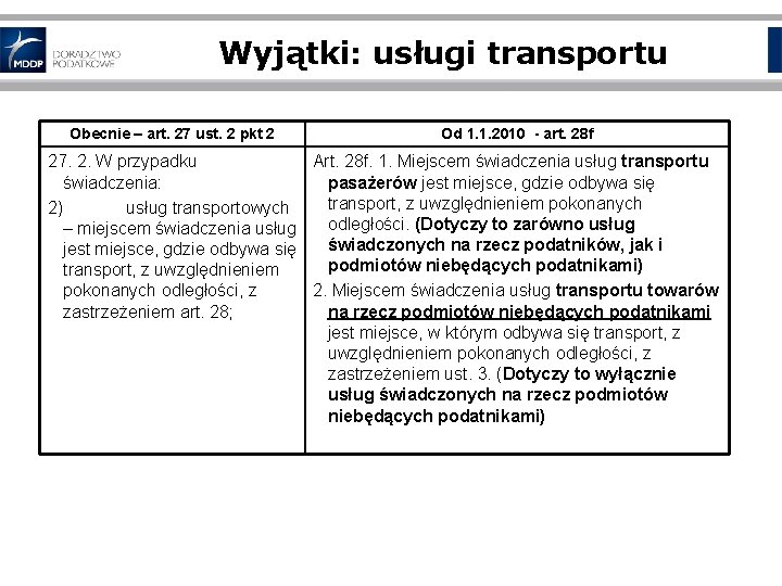 Wyjątki: usługi transportu Obecnie – art. 27 ust. 2 pkt 2 Od 1. 1.