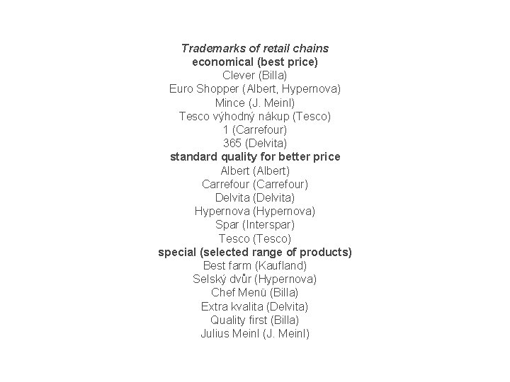 Trademarks of retail chains economical (best price) Clever (Billa) Euro Shopper (Albert, Hypernova) Mince