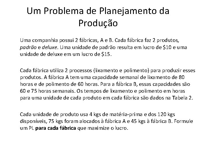 Um Problema de Planejamento da Produção Uma companhia possui 2 fábricas, A e B.