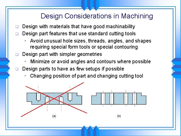 Design Considerations in Machining q q Design with materials that have good machinability Design