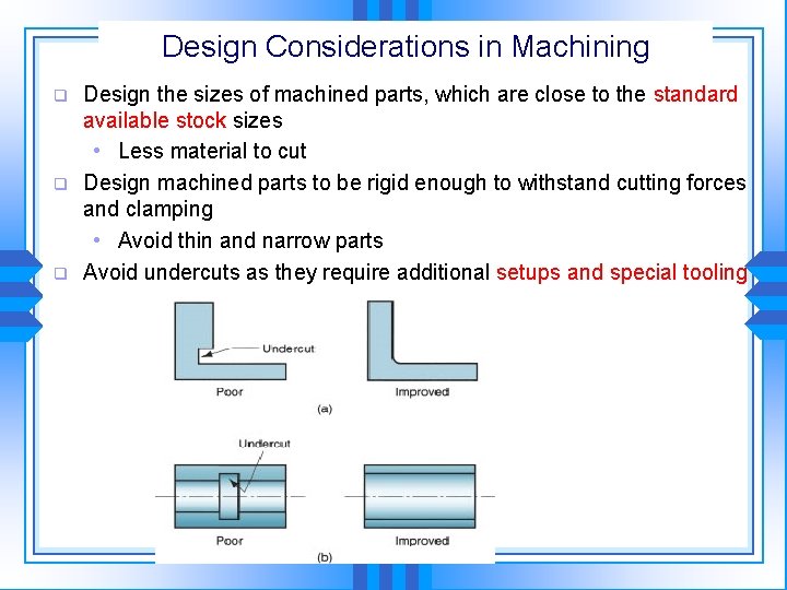 Design Considerations in Machining q q q Design the sizes of machined parts, which