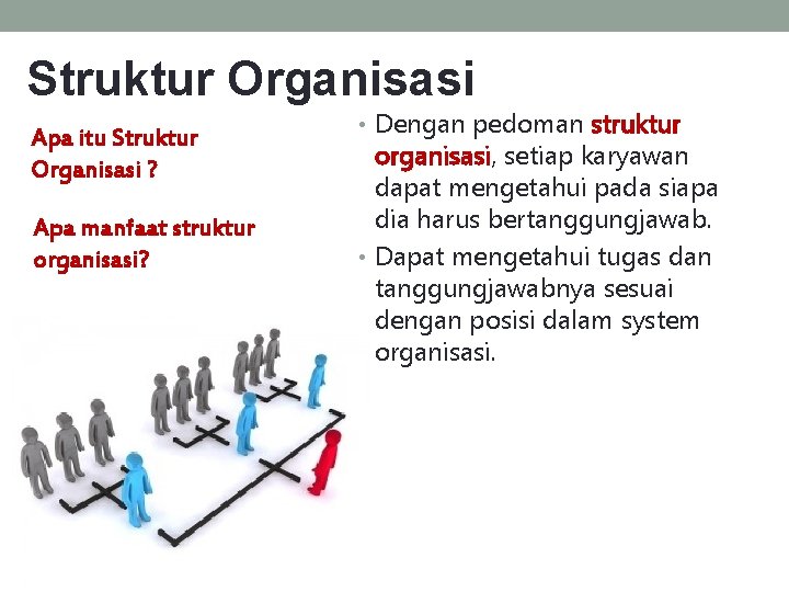 Struktur Organisasi Apa itu Struktur Organisasi ? Apa manfaat struktur organisasi? • Dengan pedoman