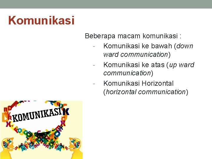 Komunikasi Beberapa macam komunikasi : - Komunikasi ke bawah (down ward communication) - Komunikasi