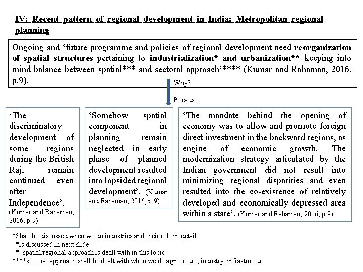 IV: Recent pattern of regional development in India: Metropolitan regional planning Ongoing and ‘future