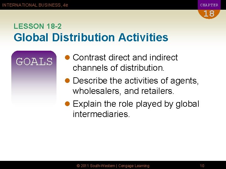 CHAPTER INTERNATIONAL BUSINESS, 4 e 18 LESSON 18 -2 Global Distribution Activities GOALS l