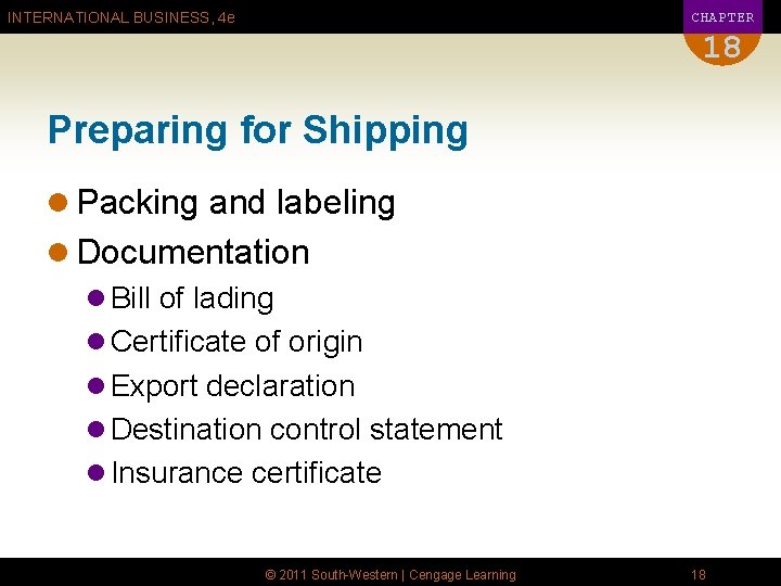 CHAPTER INTERNATIONAL BUSINESS, 4 e 18 Preparing for Shipping l Packing and labeling l