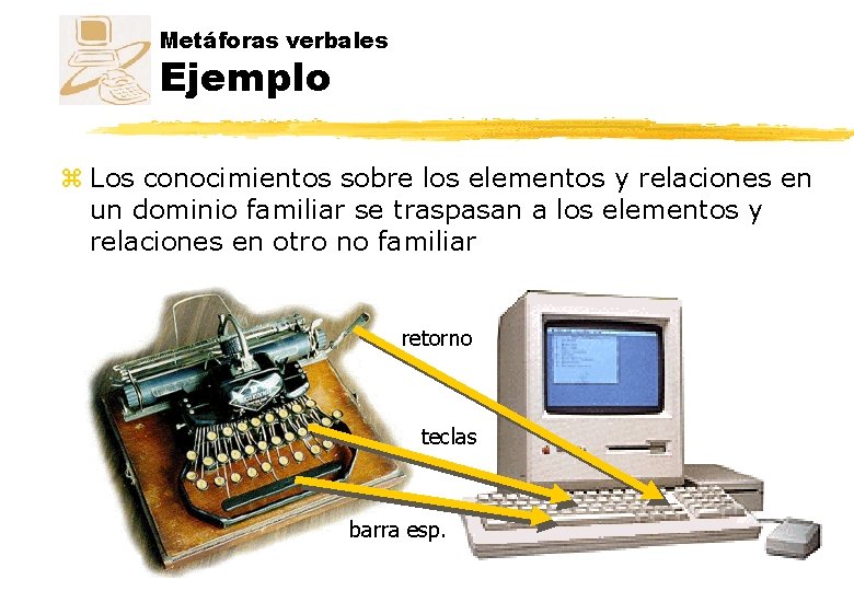 Metáforas verbales Ejemplo z Los conocimientos sobre los elementos y relaciones en un dominio Metáforas verbales Ejemplo z Los conocimientos sobre los elementos y relaciones en un dominio