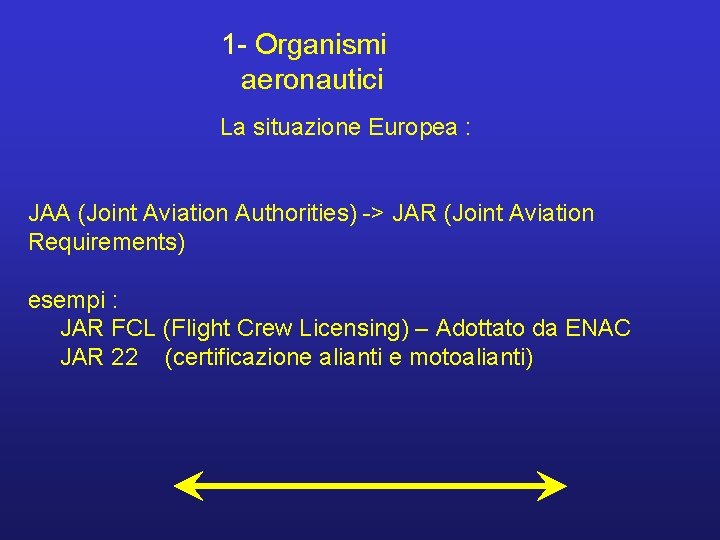 1 - Organismi aeronautici La situazione Europea : JAA (Joint Aviation Authorities) -> JAR