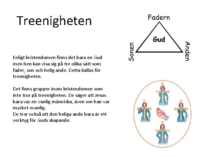 Treenigheten Enligt kristendomen finns det bara en Gud men hen kan visa sig på