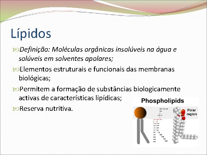 Lípidos Definição: Moléculas orgânicas insolúveis na água e solúveis em solventes apolares; Elementos estruturais
