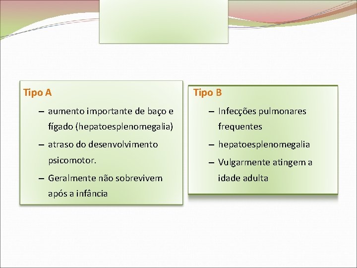 Tipo A – aumento importante de baço e fígado (hepatoesplenomegalia) – atraso do desenvolvimento