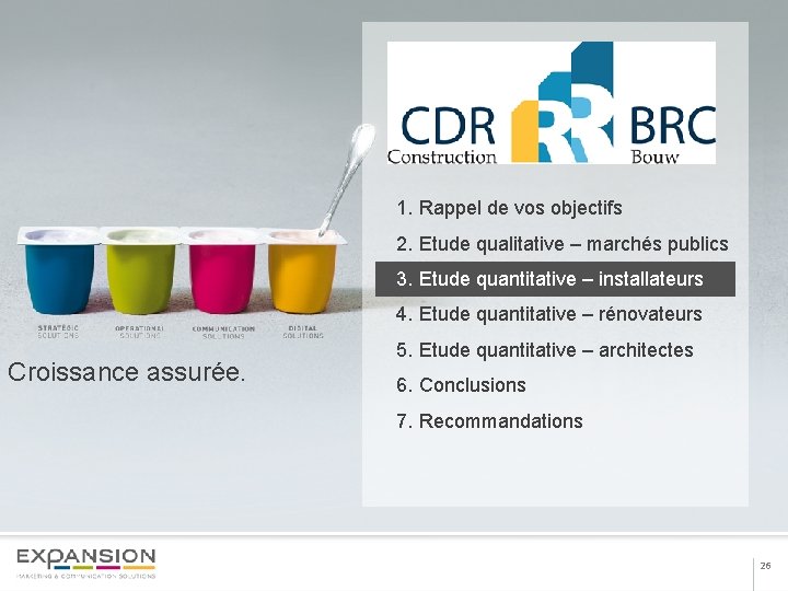 1. Rappel de vos objectifs 2. Etude qualitative – marchés publics 3. Etude quantitative