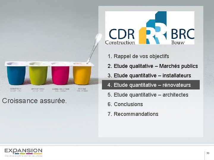 1. Rappel de vos objectifs 2. Etude qualitative – Marchés publics 3. Etude quantitative