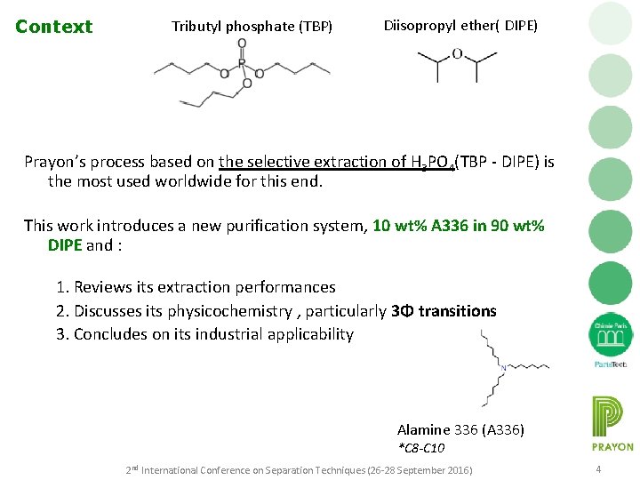 Context Tributyl phosphate (TBP) Diisopropyl ether( DIPE) Prayon’s process based on the selective extraction