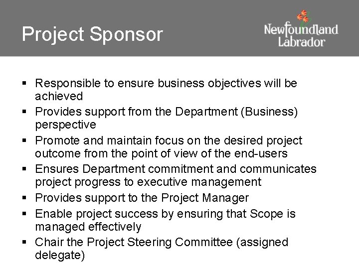 Project Sponsor § Responsible to ensure business objectives will be achieved § Provides support