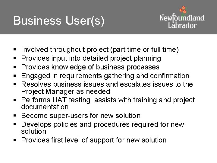 Business User(s) § § § § § Involved throughout project (part time or full