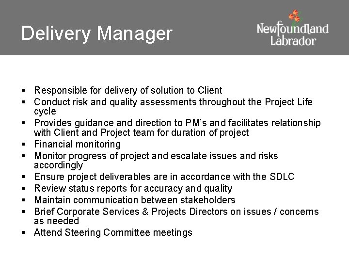 Delivery Manager § Responsible for delivery of solution to Client § Conduct risk and