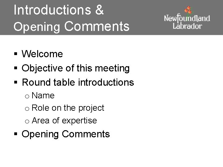 Introductions & Opening Comments § Welcome § Objective of this meeting § Round table
