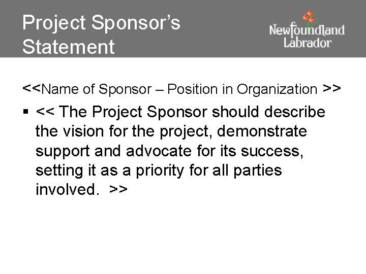 Project Sponsor’s Statement <<Name of Sponsor – Position in Organization >> § << The