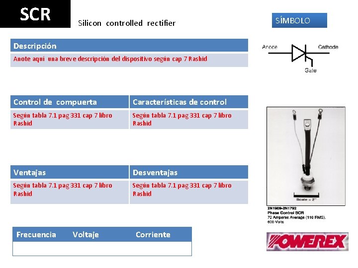 SCR Silicon controlled rectifier Descripción Anote aquí una breve descripción del dispositivo según cap