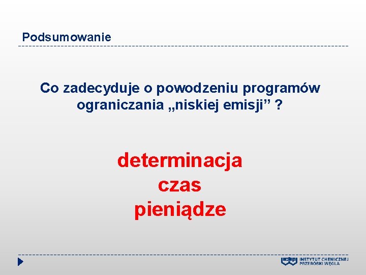 Podsumowanie Co zadecyduje o powodzeniu programów ograniczania „niskiej emisji” ? determinacja czas pieniądze 